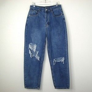 NEW PrettyLittleThing High Rise Button Fly Ripped Boyfriend Blue Jeans Size 10